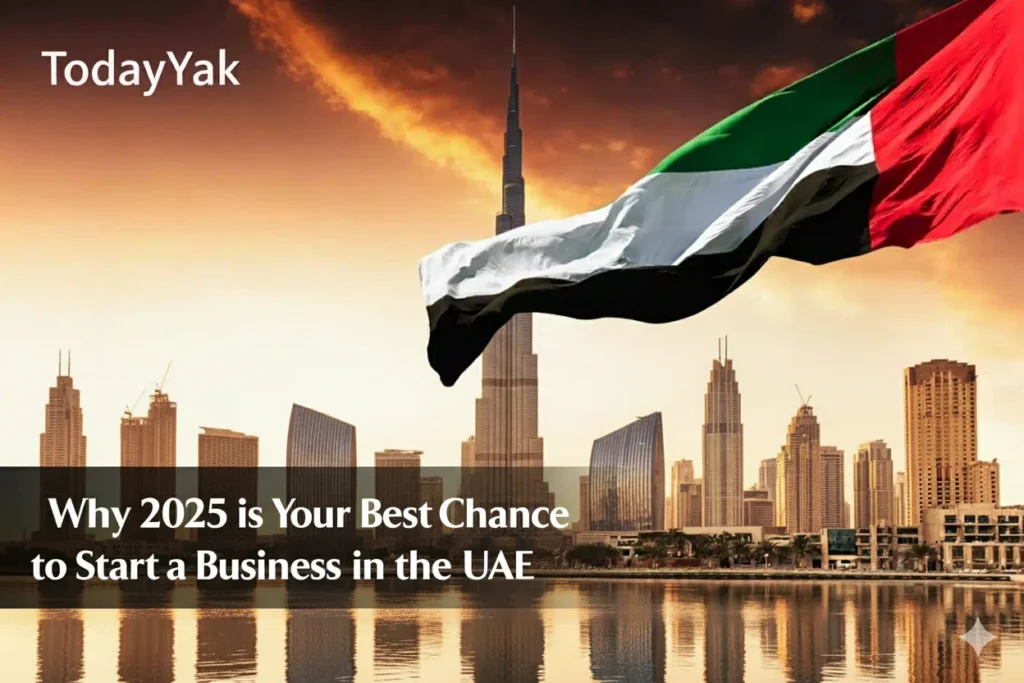 Entrepreneurs starting a new business in Dubai UAE 2025 – startup office with Burj Khalifa skyline